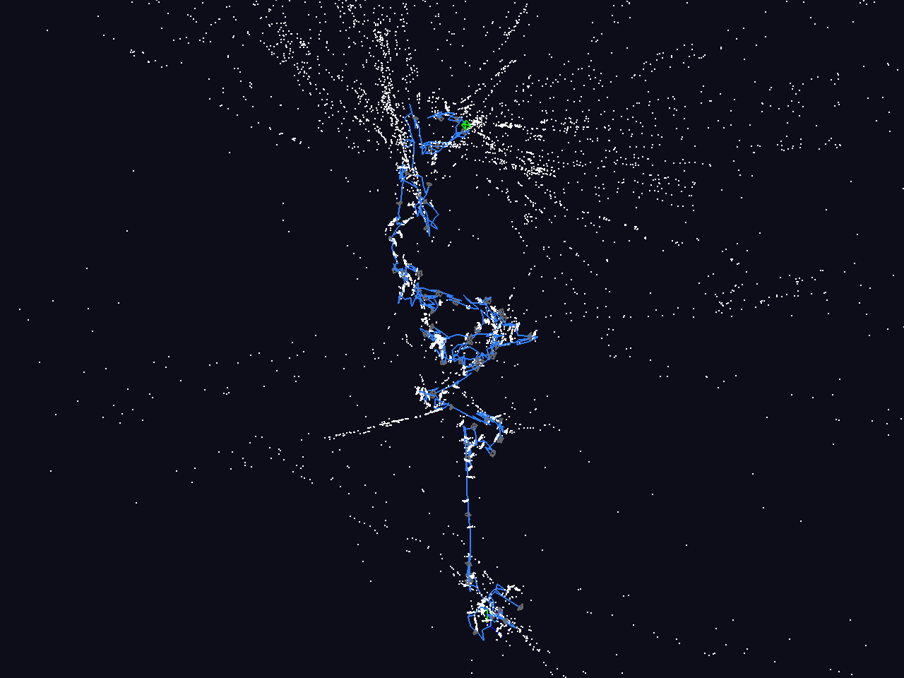 Live 3D viewer in orbit view: estimated trajectory in blue, camera frustums in gray and green, triangulated sparse point cloud in white