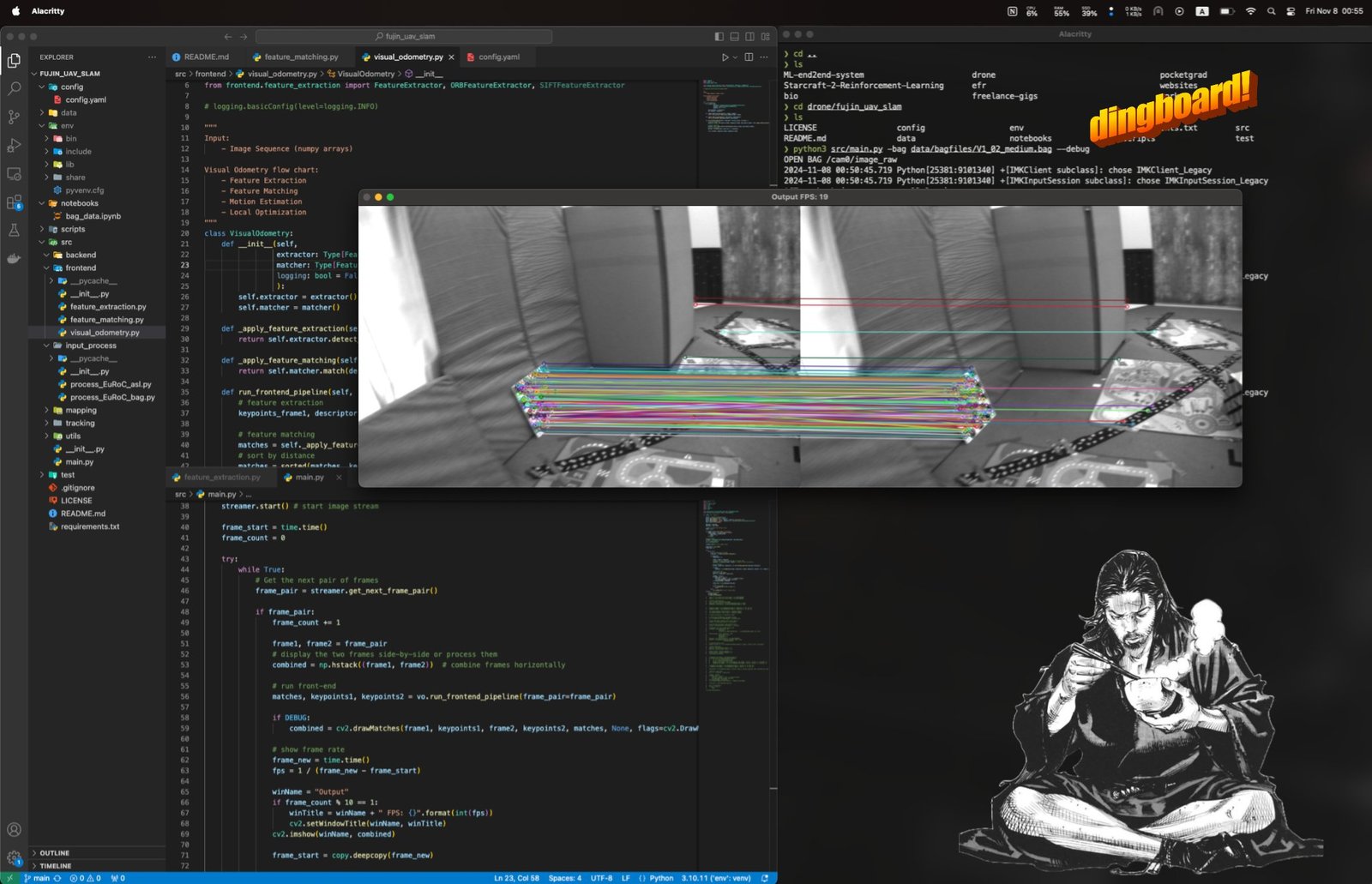 Development session: the visual odometry code in the editor with the live feature-matching viewer running at 19 FPS on a EuRoC bag file
