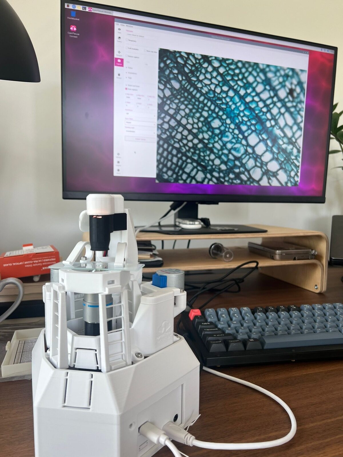 The assembled OpenFlexure microscope on a desk, with a live stained-tissue capture shown in the OpenFlexure Connect software on the monitor behind it
